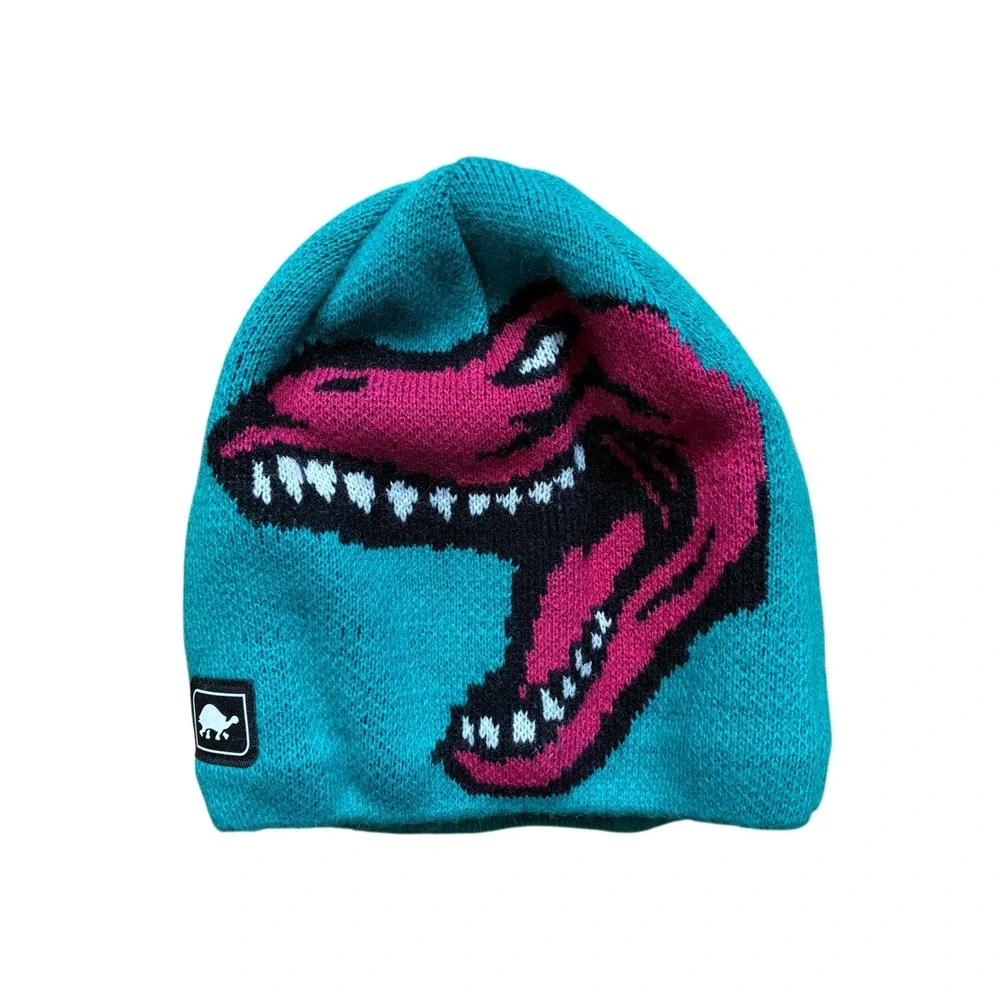 Turtle Fur Dinosaur Knit Beanie Kids One Size Teal Pink Fleece Lined Hat